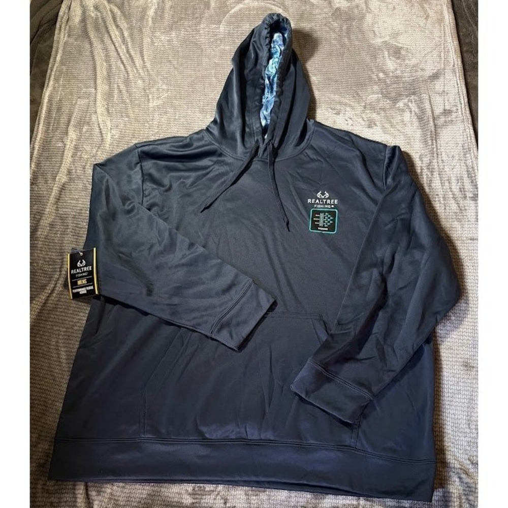 Realtree Fishing Mens Performance Fleece Hoodie Navy Blue Camo Lined 2XL NWT